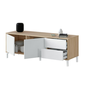 Mobile porta TV Cary, Credenza per televisione a 2 ante, Supporto TV da soggiorno, Mobile porta TV, Madia per salotto, cm 130x41h47, Rovere e Bianco