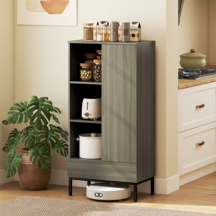 Buffet haut - porte, étagère, tiroir, 3 niches - 60 x 34 x 121 cm - piètement acier noir effet bois gris