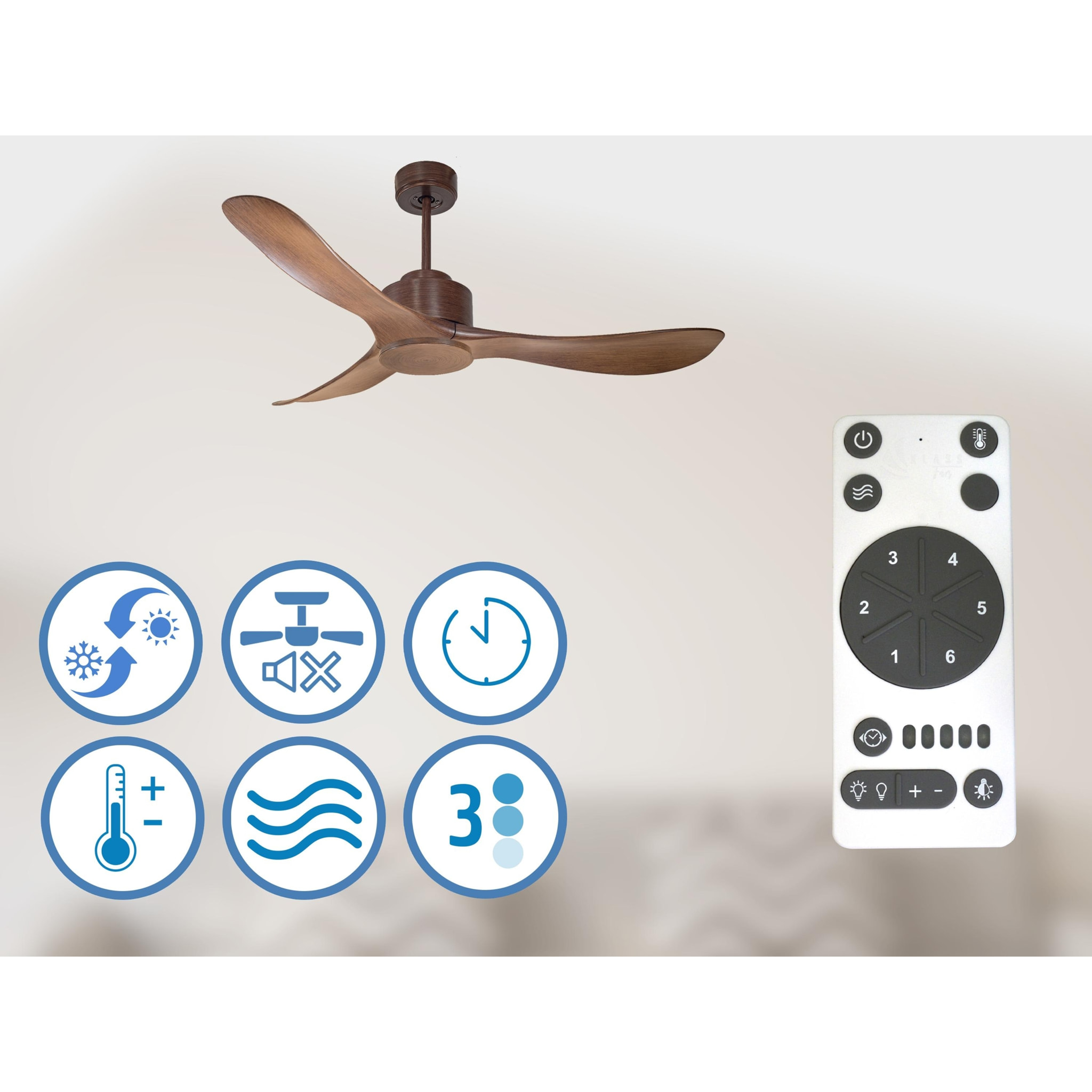 Ventilateur de plafond Réversible Lumière  Thermostat Wifi Moteur à courant continu Toits en pente Télécommande Hypersilence Mémoire Shopify Vendible (AUTOMATIQUE) 40   W brun