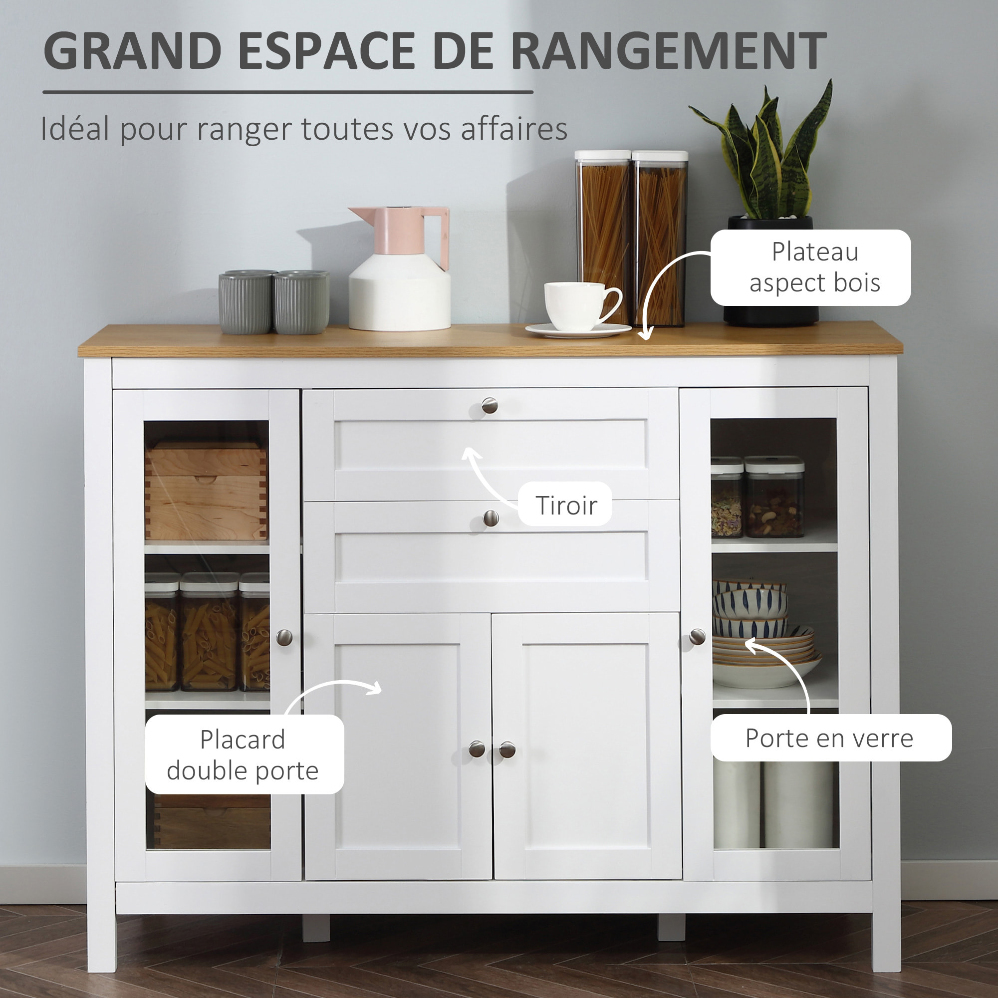 Buffet style classique chic multi-rangement 2 portes 2 étagères réglables 2 tiroirs coulissants placard 2 portes MDF blanc plateau aspect bois clair