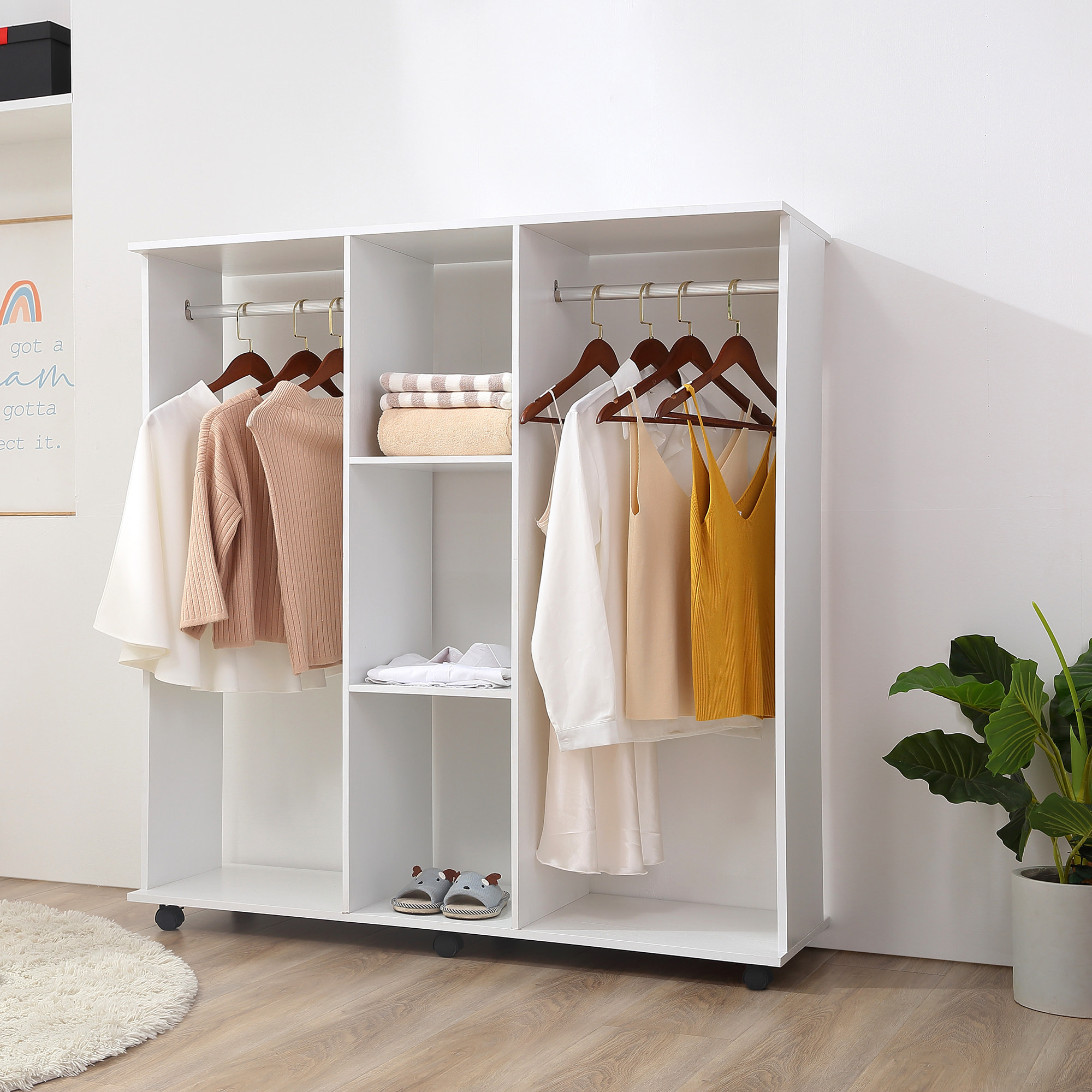 Armario Ropero con Ruedas Armario para Ropa con Barra Estantes Abiertos Organizador para Colgar Ropa de Dormitorio 120x40x128 cm Blanco