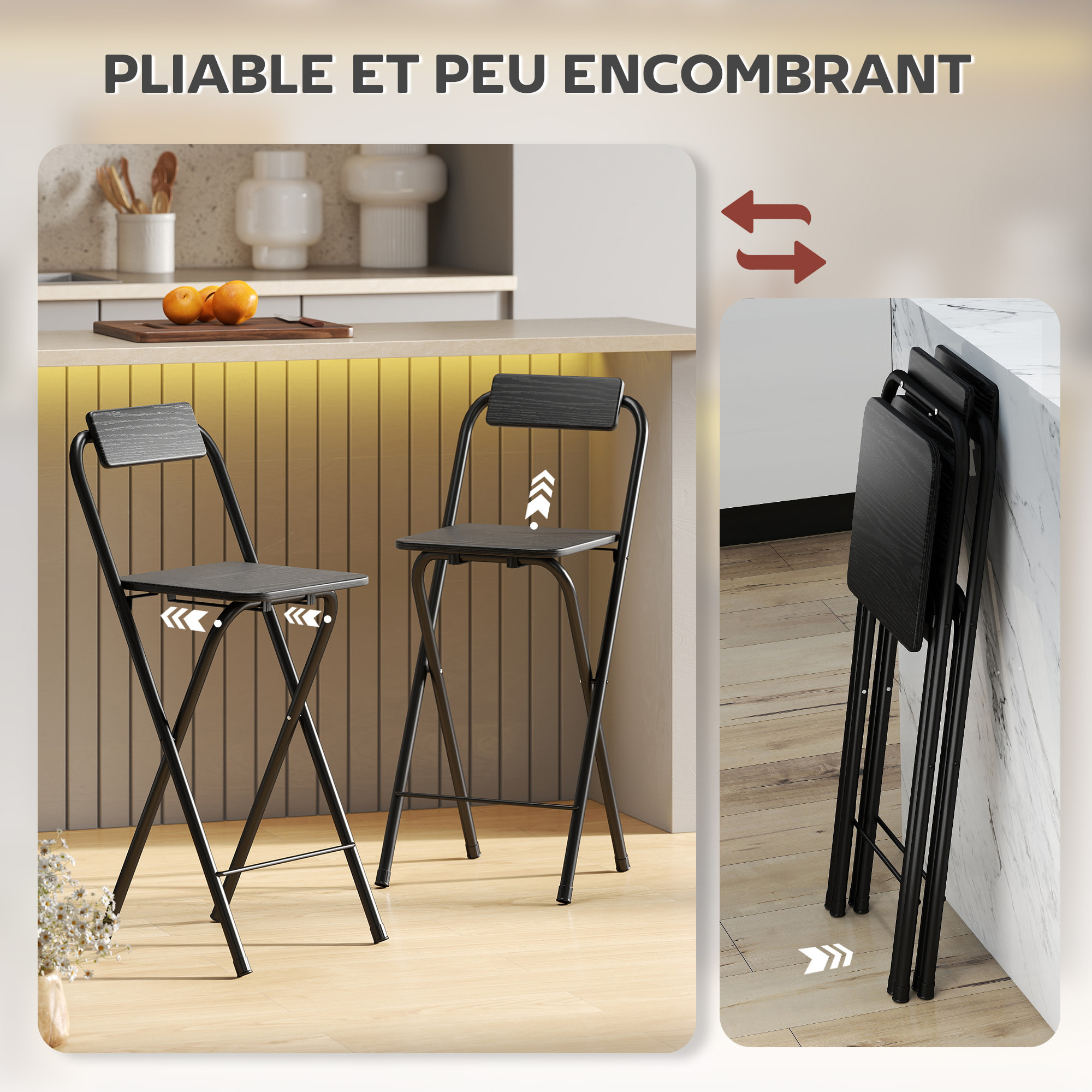 Lot de 2 tabourets de bar pliants avec dossier et repose-pieds acier noir effet bois noir