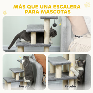 Escalera para Mascotas Ajustable de 3/4 Peldaños, Escalera para Gatos con Postes Rascadores, Bola Colgante, para Cama, Sofá, Alféizares, Gris