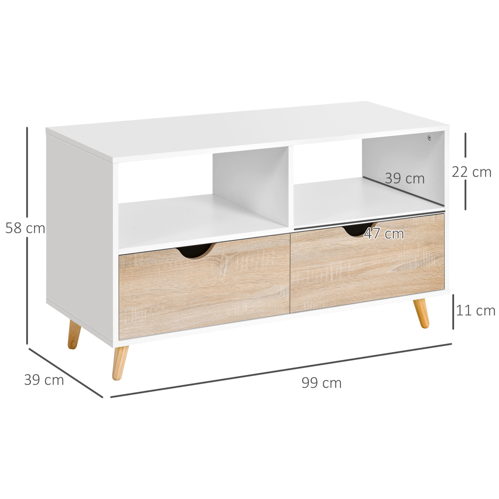 Meuble TV bas sur pieds style scandinave 2 tiroirs coloris chêne clair blanc