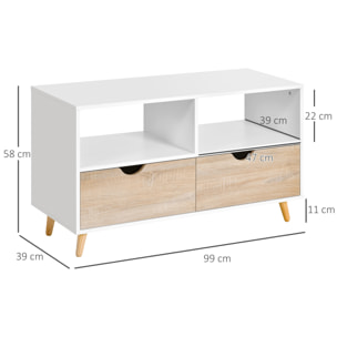 Meuble TV bas sur pieds style scandinave 2 tiroirs coloris chêne clair blanc