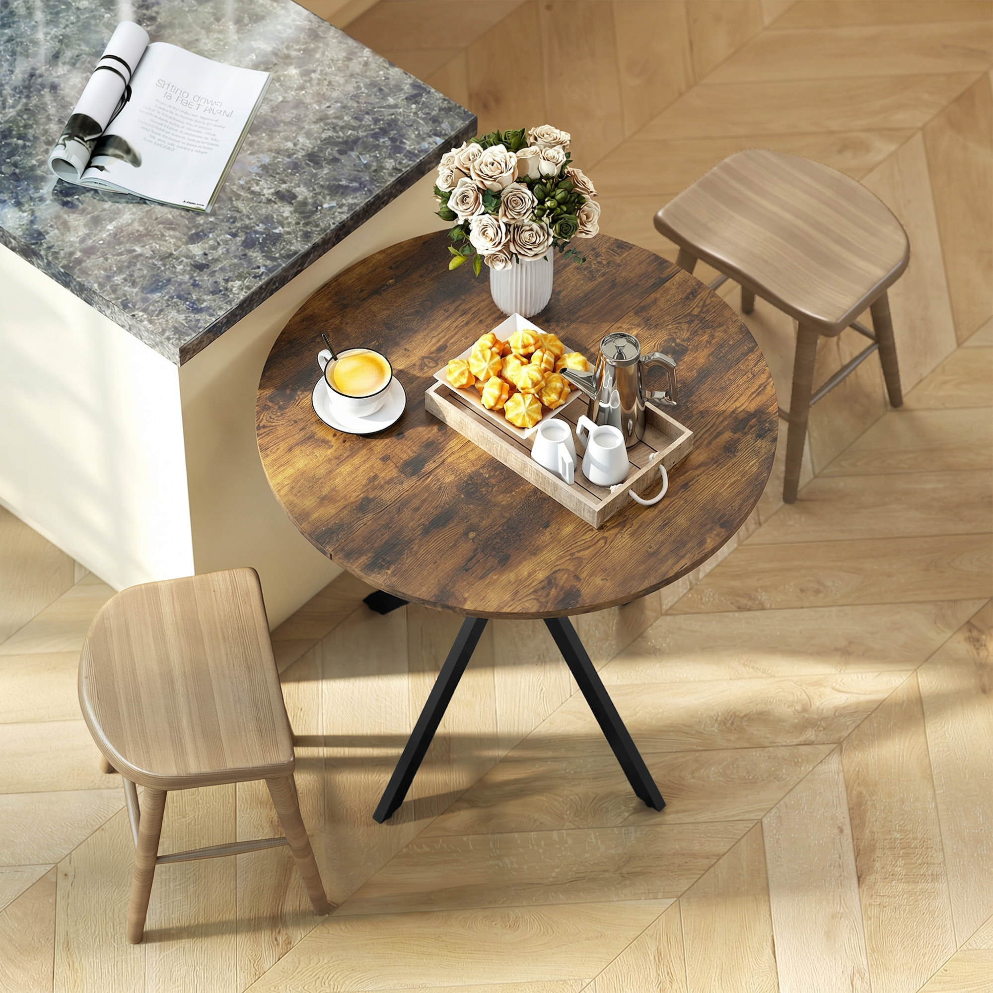 Table ronde style industriel bois métal 2 pers. dia. 80 cm vieilli
