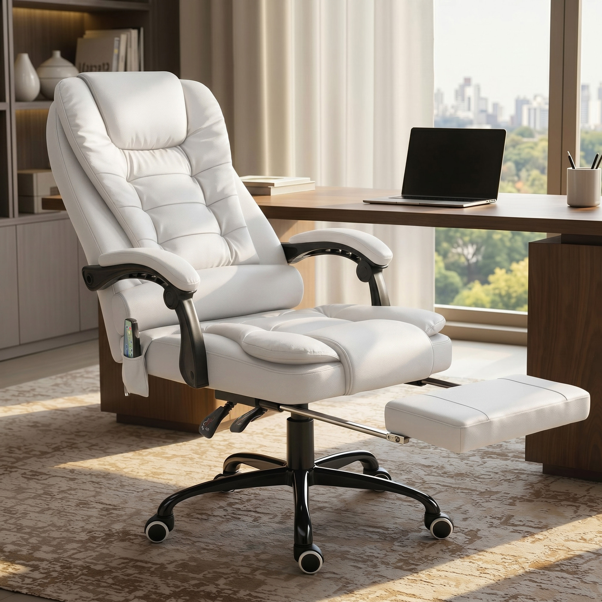 Silla de Oficina con Masaje Vibratorio de 7 Puntos, Silla de Escritorio Giratoria Reclinable con Reposapiés Retráctil, Altura Ajustable, Respaldo Alto, Control Remoto y Tejido de PU, Blanco