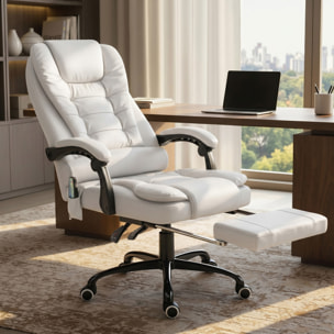 Silla de Oficina con Masaje Vibratorio de 7 Puntos, Silla de Escritorio Giratoria Reclinable con Reposapiés Retráctil, Altura Ajustable, Respaldo Alto, Control Remoto y Tejido de PU, Blanco