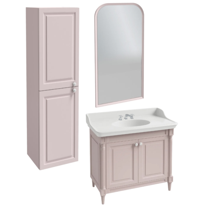 Pack meuble vasque 3 trous Cléo 1889 rose velours + colonne gauche + miroir + mélangeur croisillons chrome