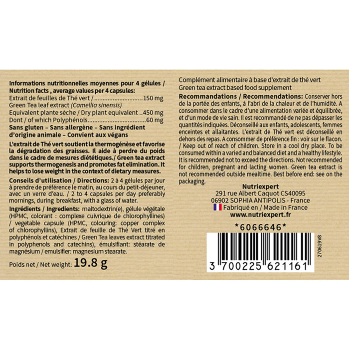 NUTRI EXPERT - Thé Vert - Aide au contrôle du poids - Brûle les graisses - Riche en caféine et antioxydants - Favorise le drainage - 100% extraits d?origine naturelle - Végan - Lot de 3 produits