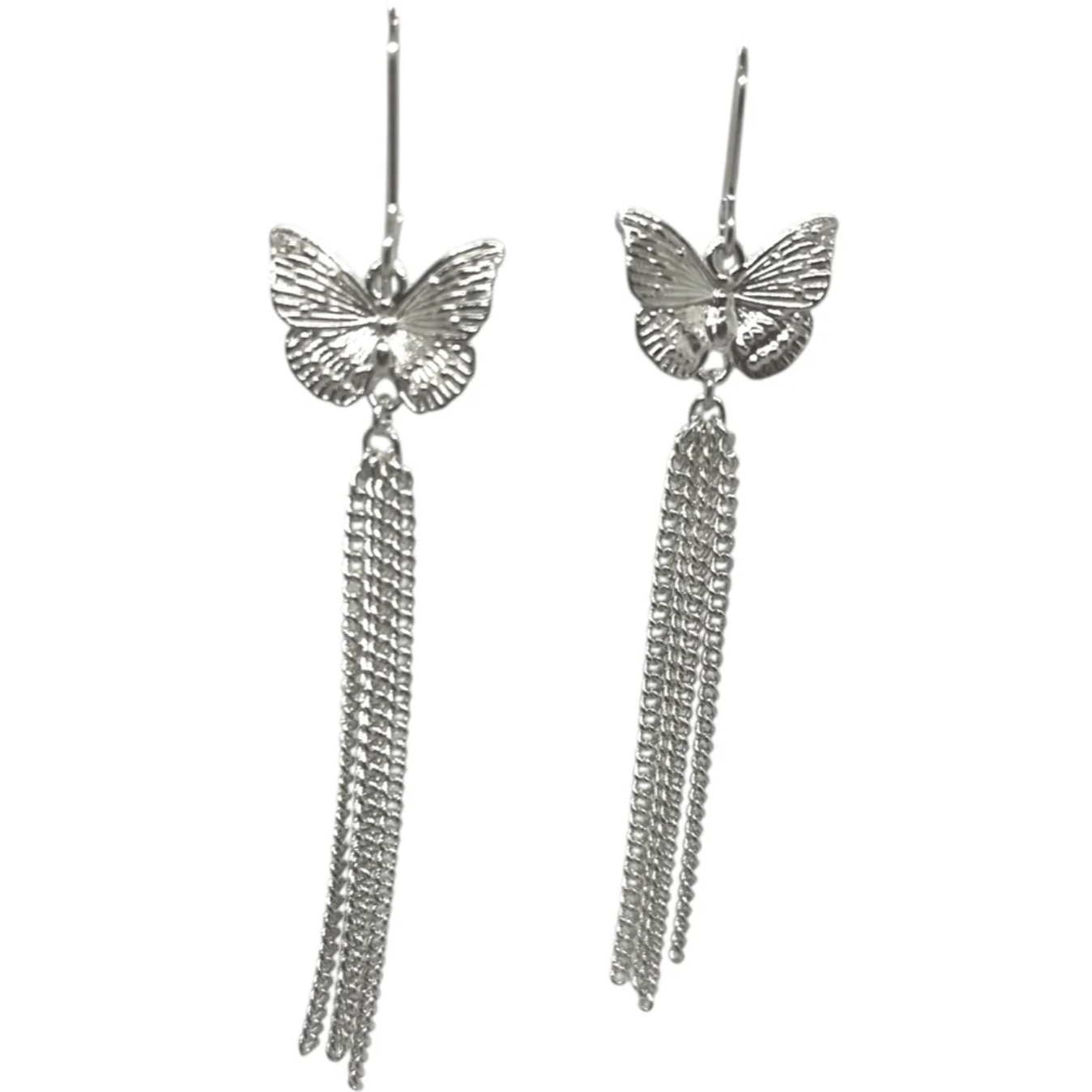 Pendiente mariposa gancho y cadenas en plata 10µ largo 8cm