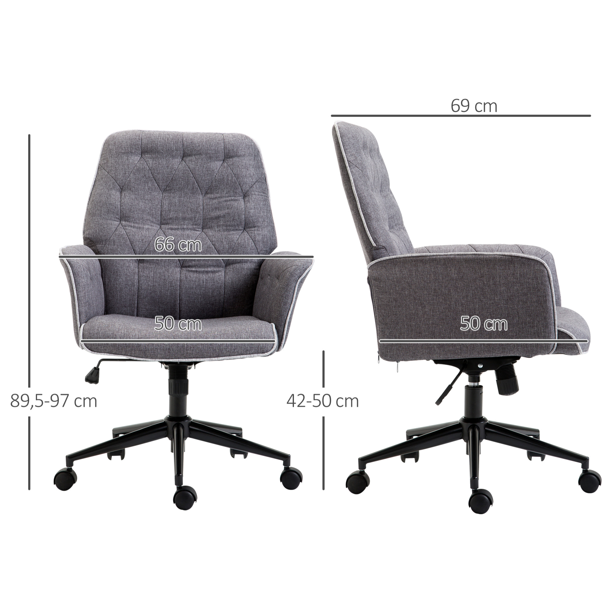 Fauteuil de bureau chaise de bureau hauteur réglable roulettes pivotant 360° tissu chanvre 69L x 66l x 89,5-97H cm gris chiné