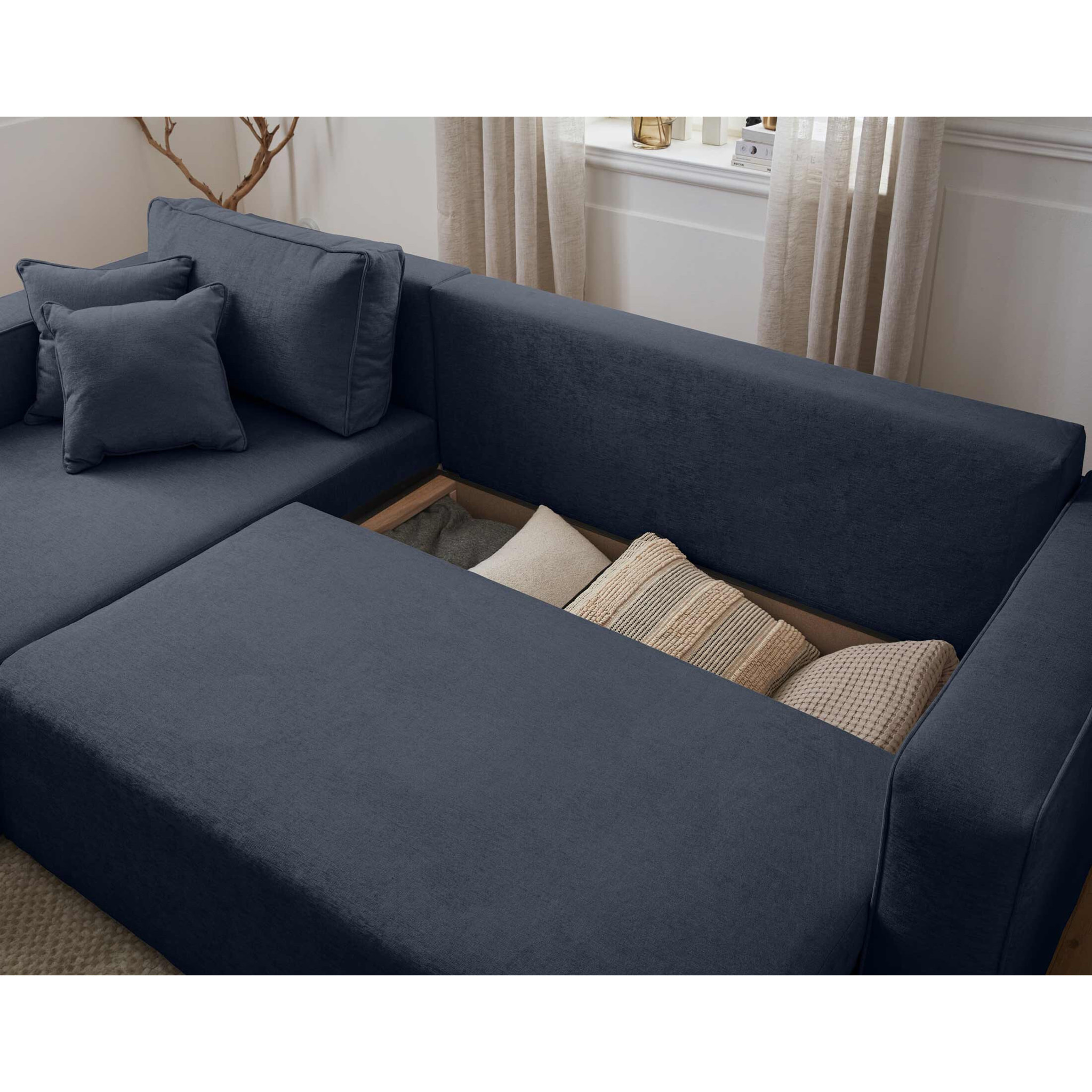 Topaze - canapé d'angle réversible - 4 places - convertible avec coffre - en tissu - Bleu