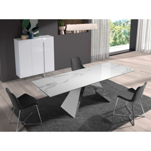 Mesa comedor extensible rectangular con tapa de mármol porcelánico blanco con vetas en gris en acabado brillo 160x90x76cm