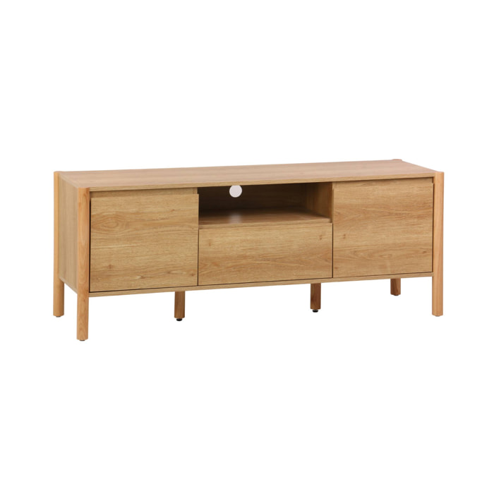 Meuble TV décor bois 2 portes 1 tiroir 140cm naturel - 140 x 42 x 55 cm - Harmony