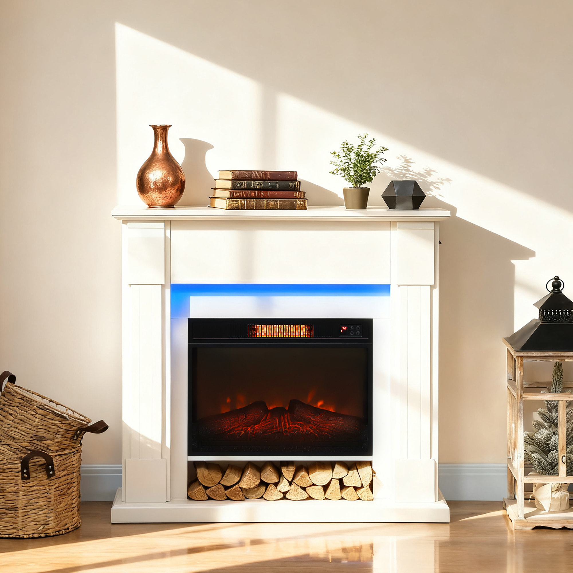 Chimenea Eléctrica Empotrable con Efecto de Llama 3D, Tira de Luz LED RGB, Chimenea Decorativa, 1800W, Temporizador, Termostato Digital, Mando a Distancia, para 30 Ã£Å½Â¡, Blanco