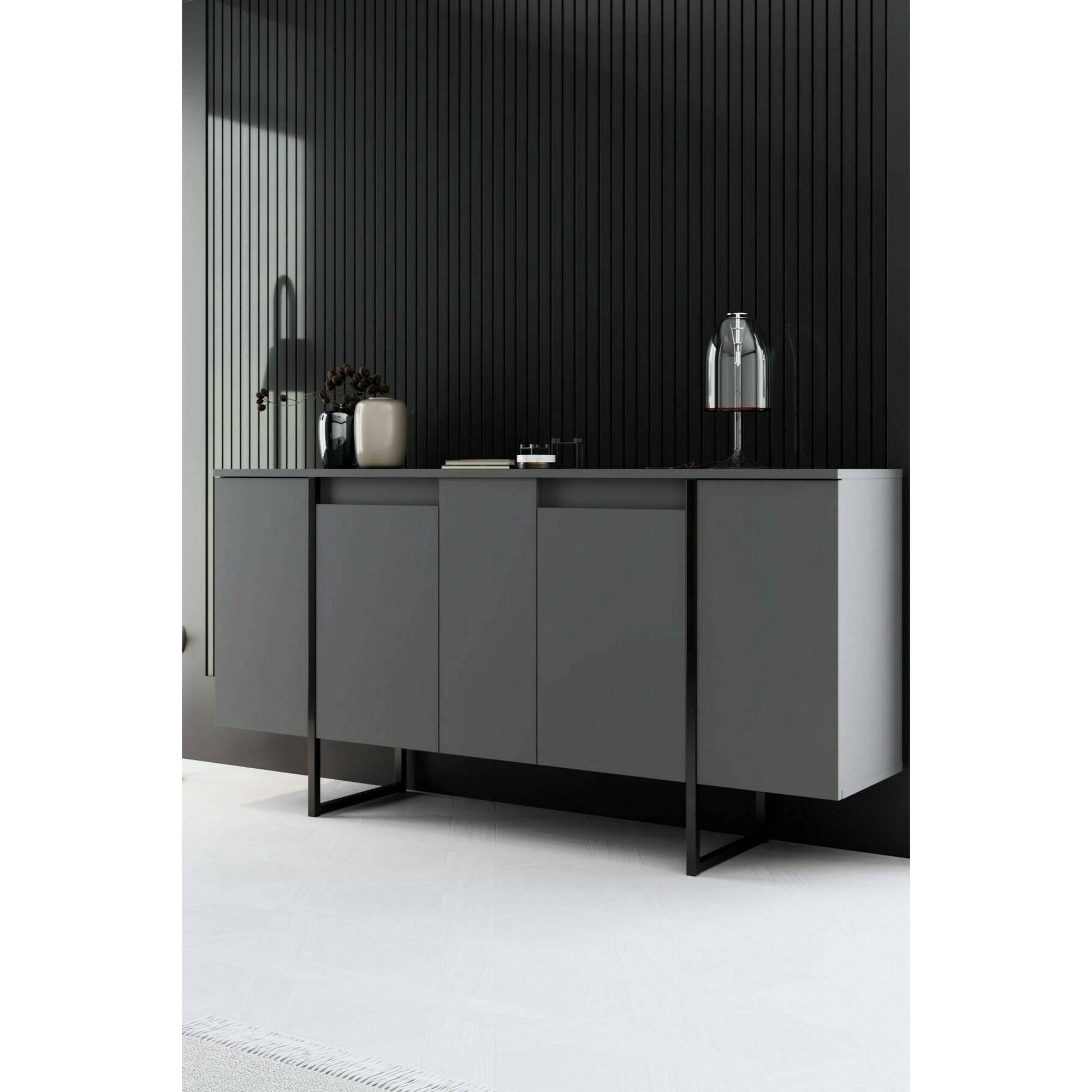 Credenza Dgarzitt, Buffet da soggiorno, Madia da salotto, Dispensa da cucina, 160x35h80 cm, Antracite e Nero