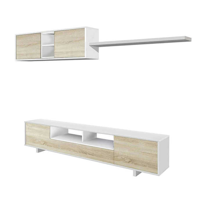 Parete attrezzata Angora, Mobile da soggiorno porta TV, Composizione set salotto, Set salotto con pensile, 260x41h46 cm, Bianco lucido e Rovere
