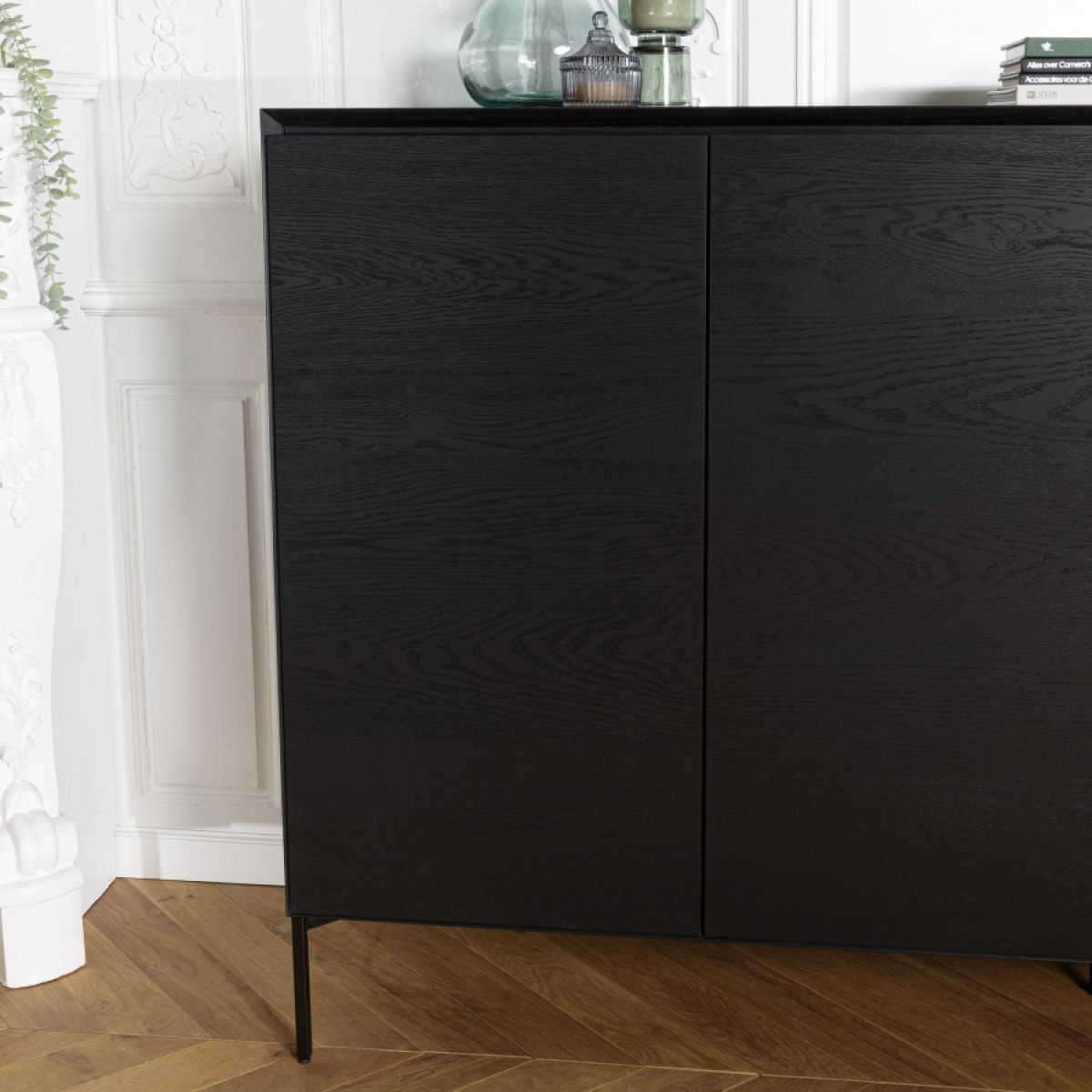MAXENDRE - Buffet noir 4 portes 6 étagères pieds métal noir