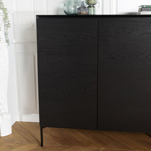 MAXENDRE - Buffet noir 4 portes 6 étagères pieds métal noir