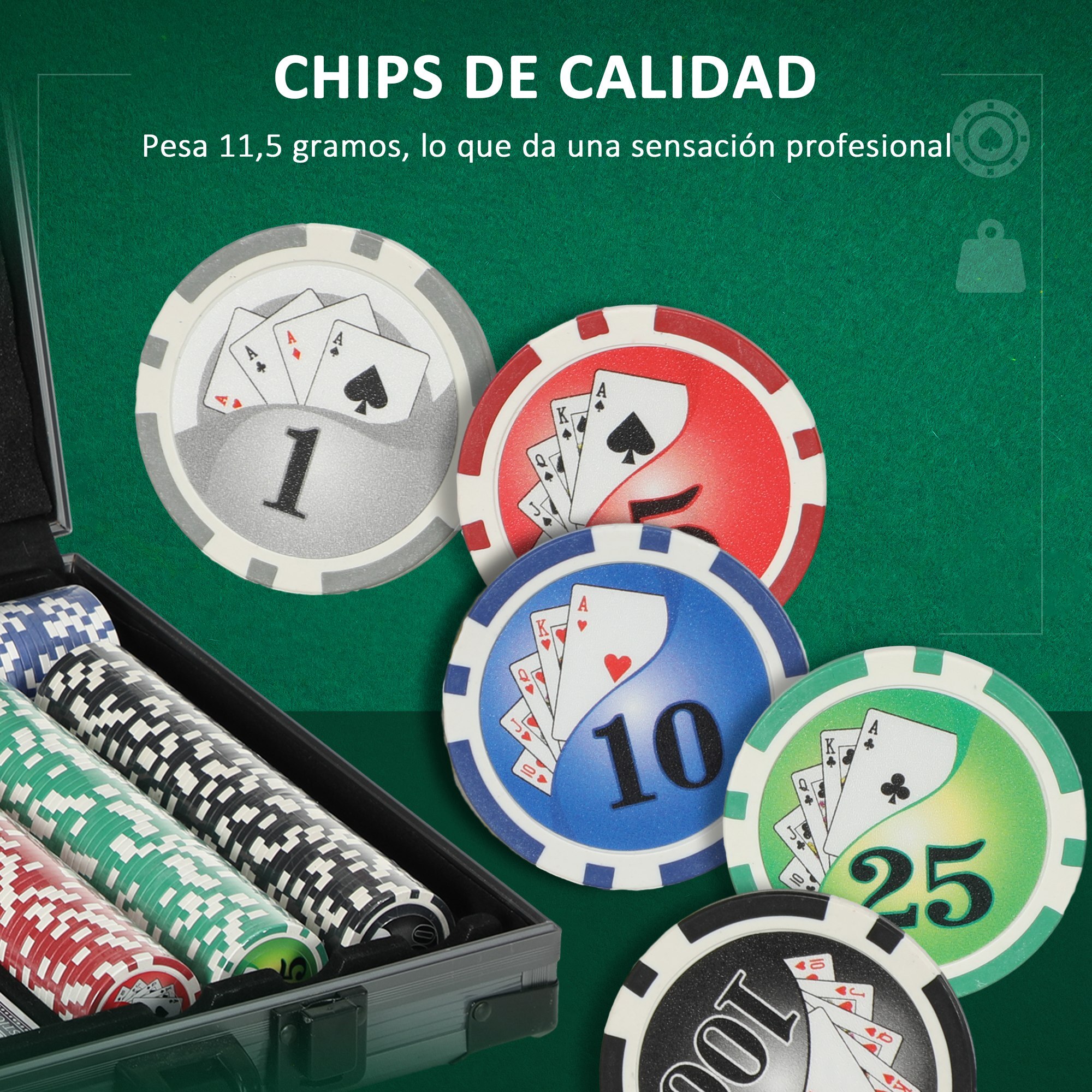 Juego de Póker Maletín de Póker con 400 Fichas 2 Barajas de Cartas 5 Dados Tapete y Botón de Crupier Gris