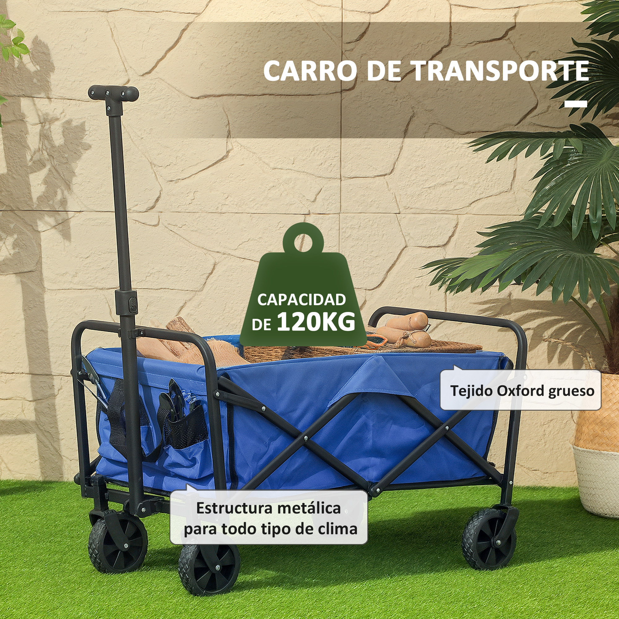 Carro Playa con Ruedas Carro de Jardín Plegable con Asa Telescópica Ajustable 2 Bolsas de Almacenaje Carga 120 kg Carrito Transporte para Todo Terreno Jardín Campaña Compra Azul