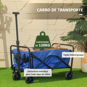 Carro Playa con Ruedas Carro de Jardín Plegable con Asa Telescópica Ajustable 2 Bolsas de Almacenaje Carga 120 kg Carrito Transporte para Todo Terreno Jardín Campaña Compra Azul