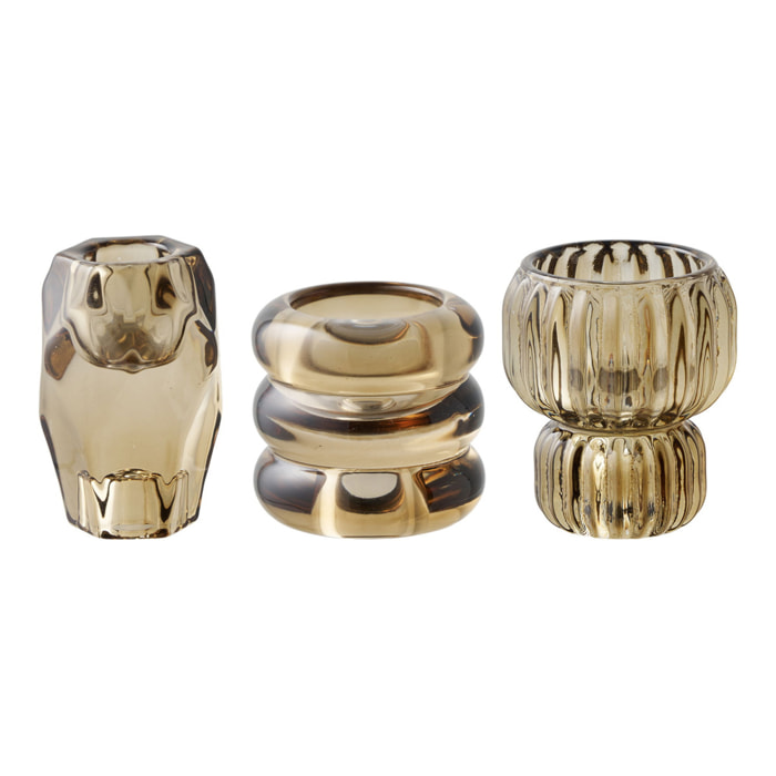 Set 3 portacandele in vetro fumé marrone dorato — forme assortite