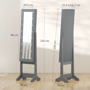 Espejo Joyero con Luces LED, Armario para Joyas, Armario Joyero de Pie con Espejo Entero, Ángulo Ajustable, con Estantes, Ranuras para Anillos, Gris
