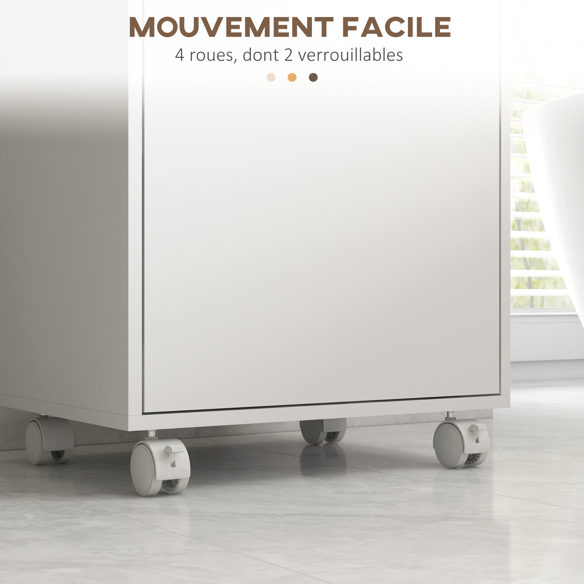 Meuble bas de salle de bain sur roulettes porte 2 étagères niche plateau amovible bois de hêtre verni blanc