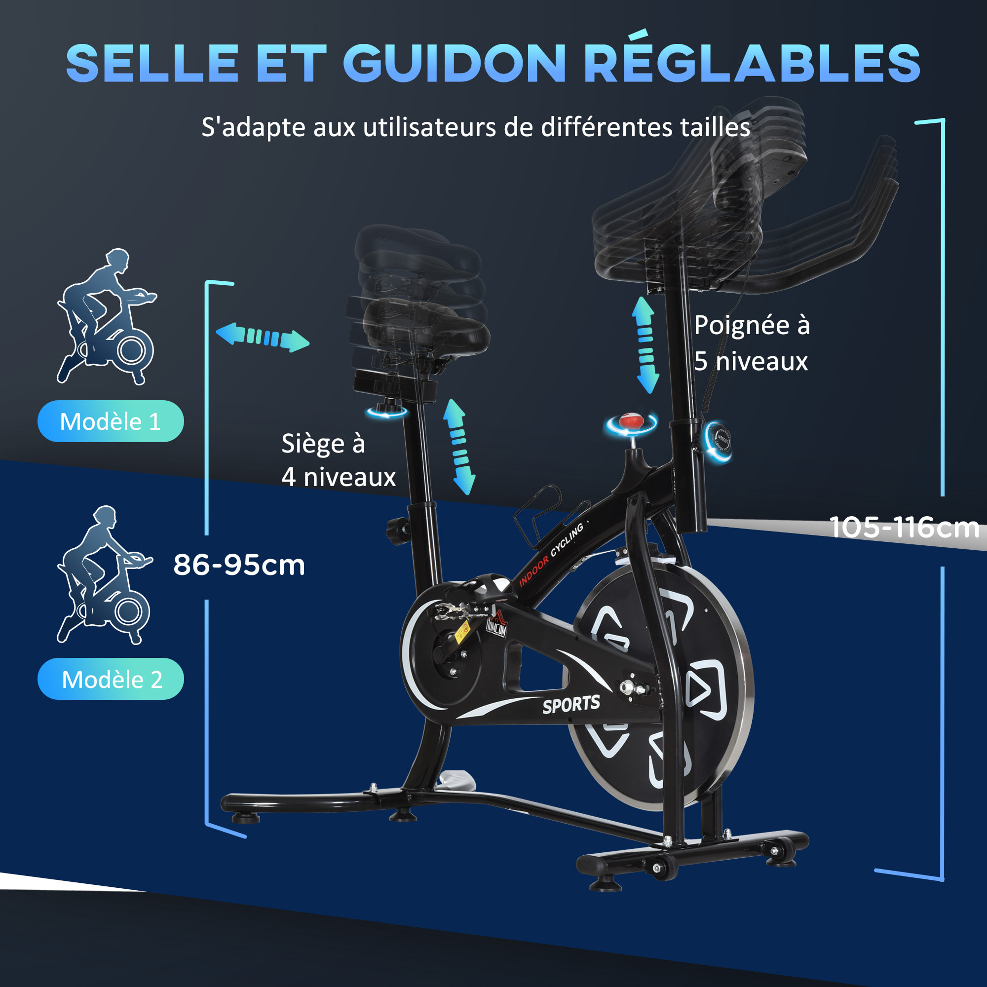 Vélo d'appartement cardio vélo biking écran multifonction selle et guidon réglable noir