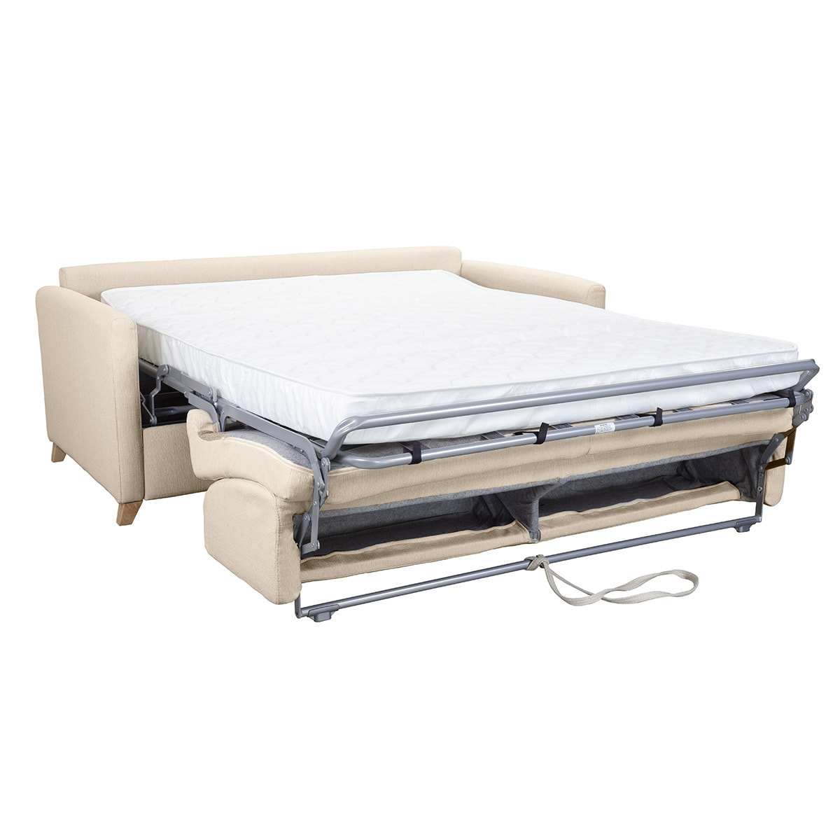 Canapé convertible 3 places en tissu beige et bois clair avec matelas 12 cm SKANDY