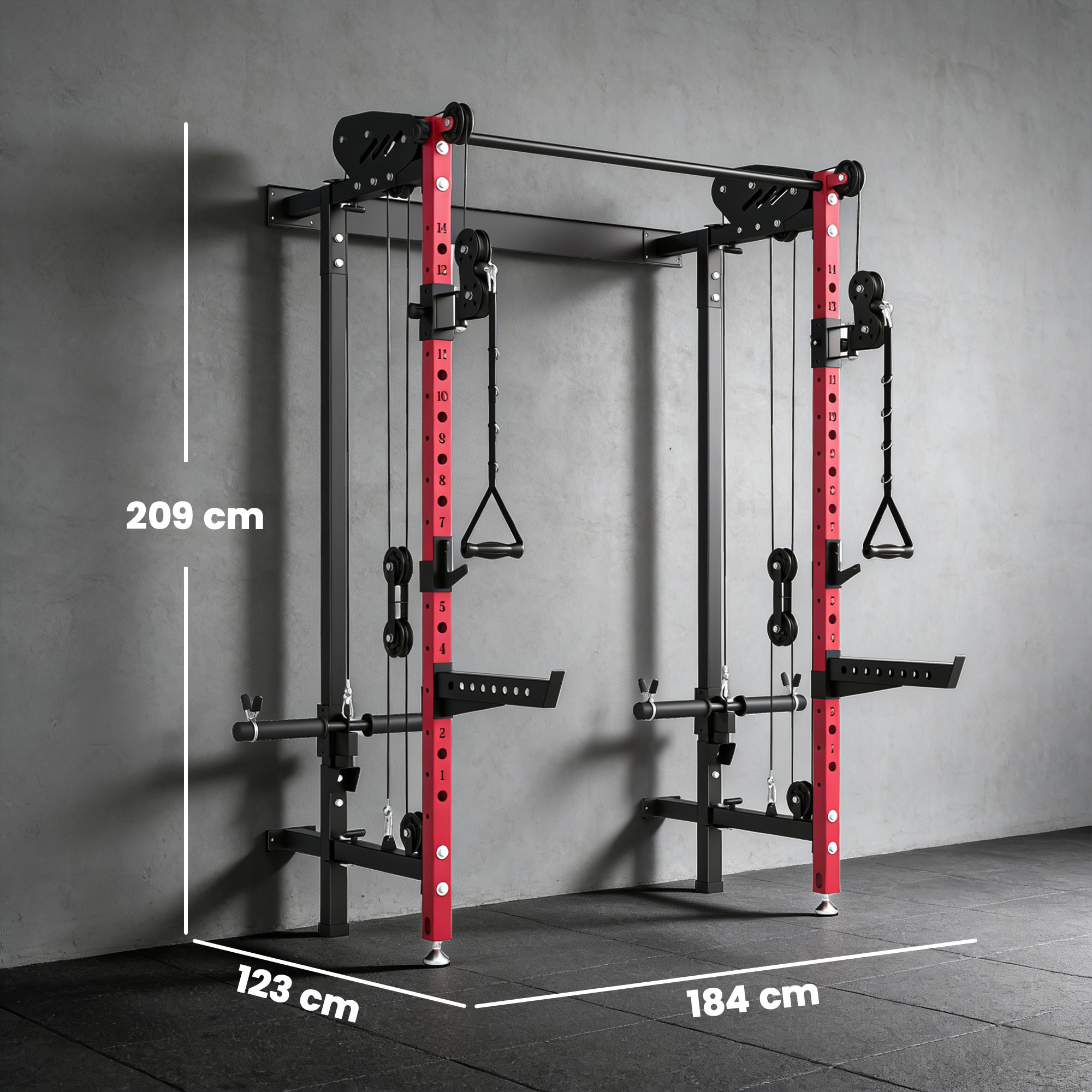 Station de musculation pliable - power rack  700kg double poulie réglable 14 niv. acier rouge noir