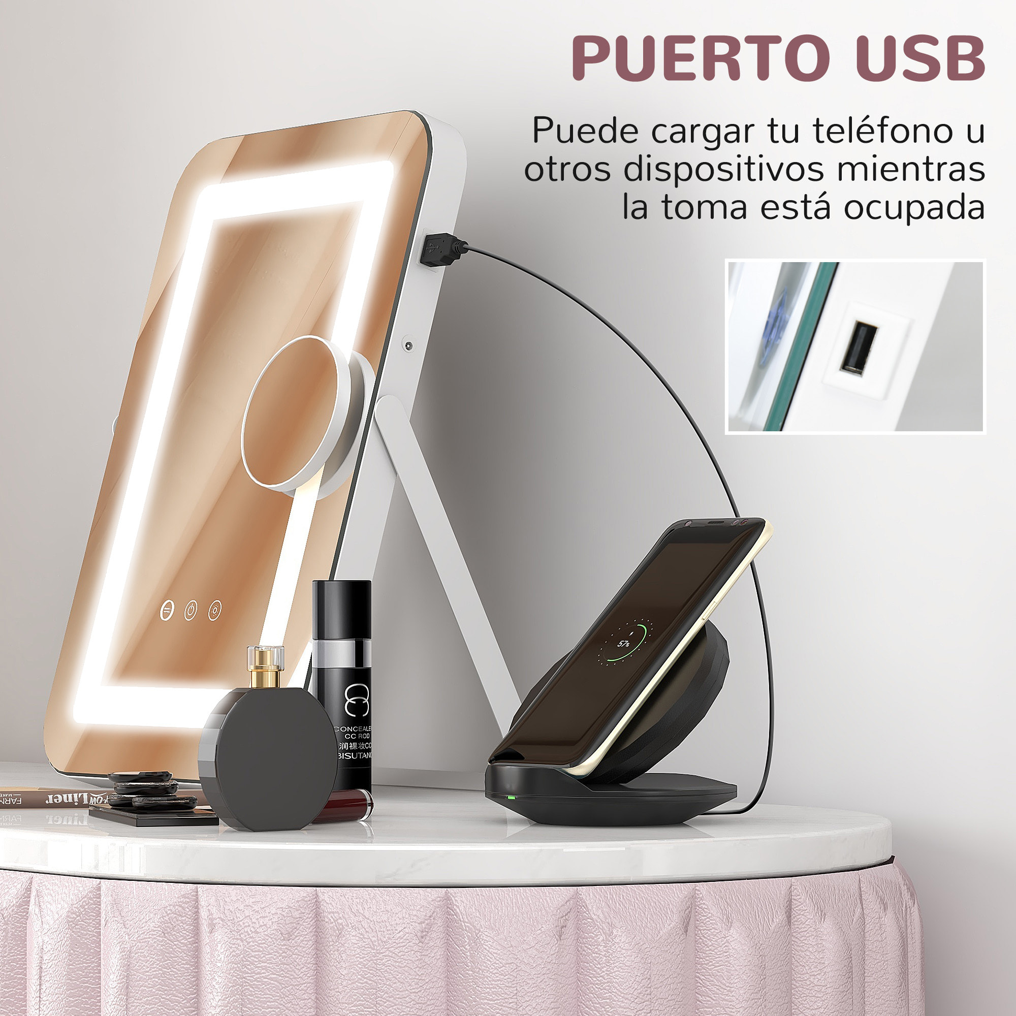 Espejo Maquillaje con Luz Espejo Tocador Giratorio 30x40 cm con 3 Modos de Iluminación Ajustables Interruptor Táctil Espejo de Aumento y Puerto USB Blanco