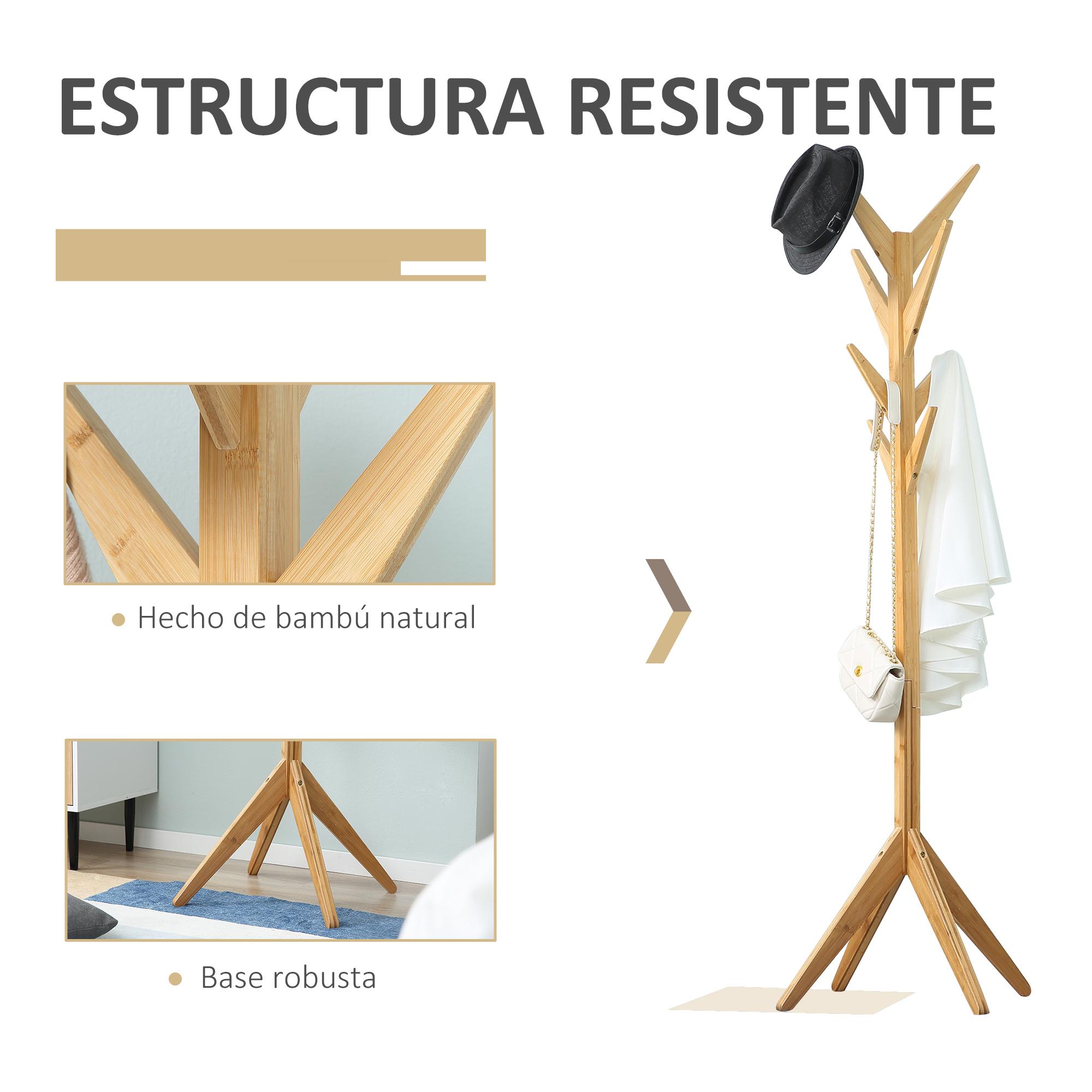 HOMCOM Perchero de Pie de Bambú Tipo Árbol con 8 Ganchos para Colgar Ropa Bolsas Sombreros para Entrada Recibidor Pasillo Salón 60x60x178 cm Natural