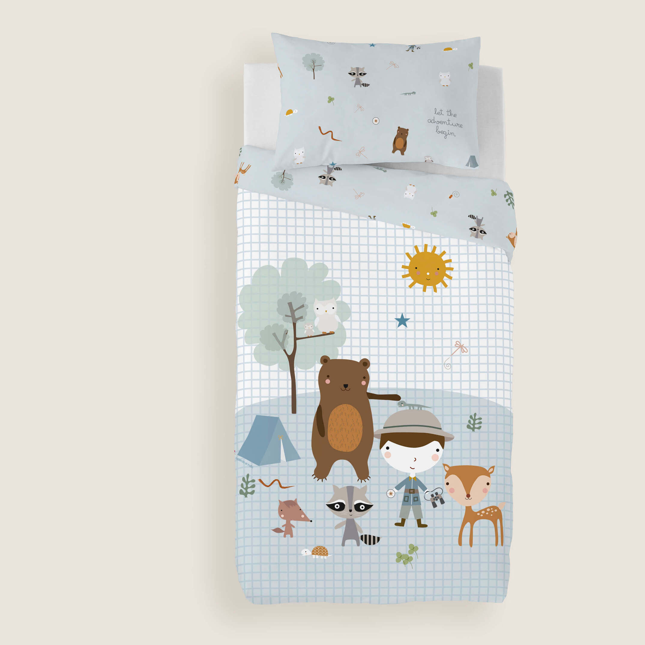 Funda Nórdica Estampada - Reversible - Infantil - Cierre Solapa - 100% Algodón - Incluye 1 Funda de Almohada - Cuna/Maxicuna - Aventura Bosque