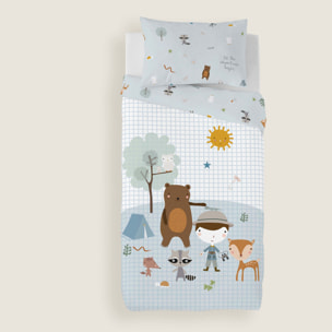 Funda Nórdica Estampada - Reversible - Infantil - Cierre Solapa - 100% Algodón - Incluye 1 Funda de Almohada - Cuna/Maxicuna - Aventura Bosque