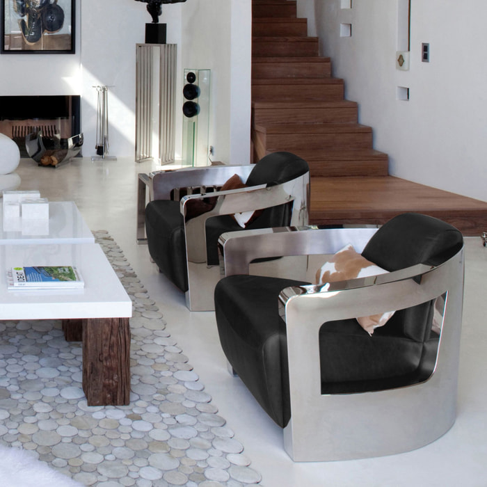 Fauteuil en cuir noir et structure en acier inoxydable ODYSSEE