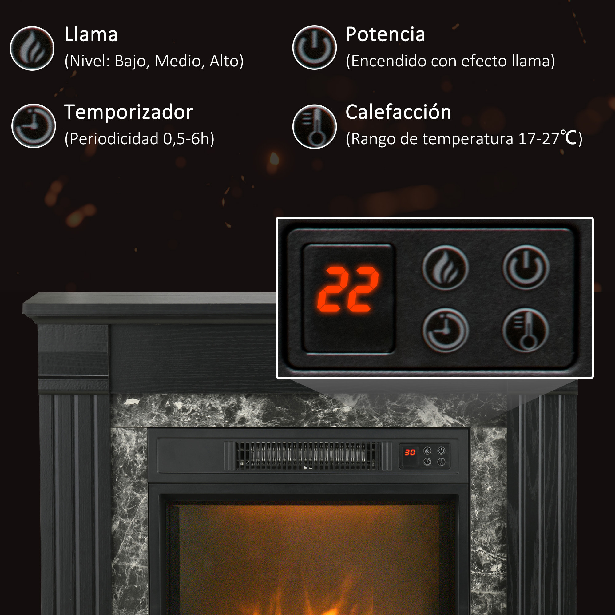 Chimenea Eléctrica 1800W Chimenea Decorativa con Efecto de Llama Mando a Distancia Temporizador Termostato Protección Contra Sobrecalentamiento para Sala 30 m² Negro