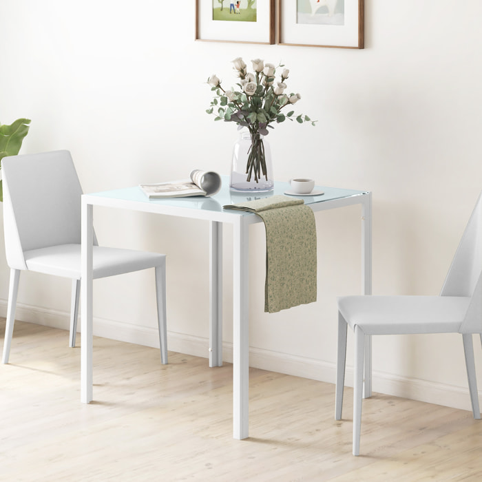 HOMCOM Mesa de Comedor de Cristal, Mesa Cuadrada para 4 Personas con Patas de Metal, para Cocina, Salón, 75x75x75 cm, Blanco