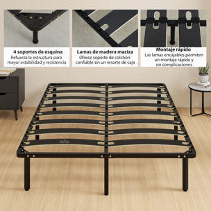 Somier 140x190 cm, Altura 26 cm, Estructura de Cama de Plataforma de Acero con Espacio de Almacenamiento Debajo y Láminas de Álamo, Fácil de Montar, Carga 350 kg, Negro