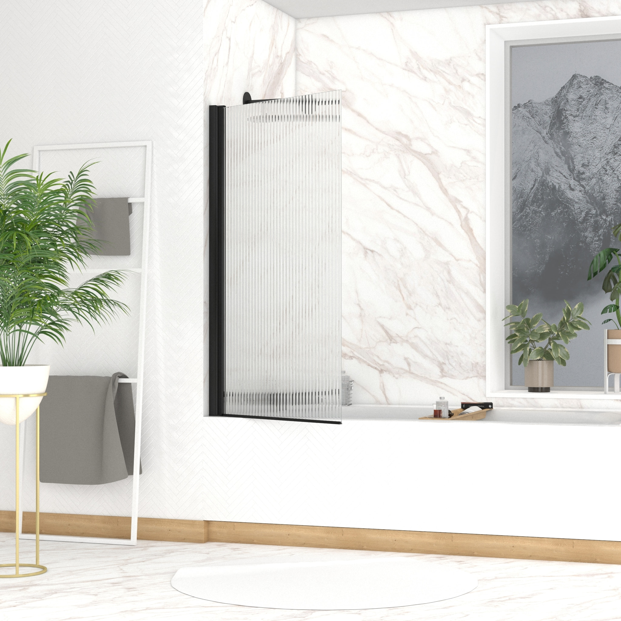 Pare baignoire Rabattable 80x140cm - Profilé Noir Mat - Verre Trempé Ondulé 5mm - WAVY