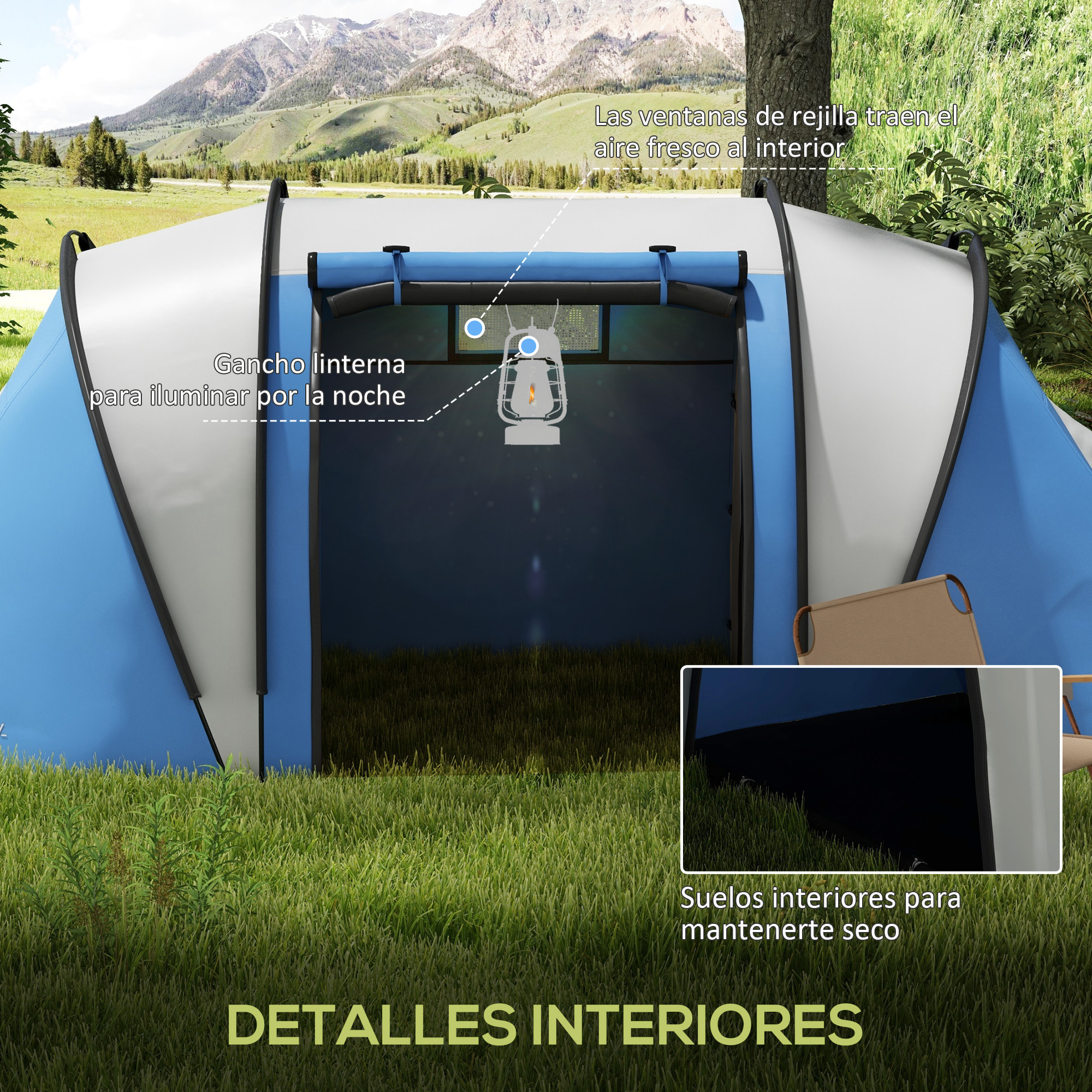 Tienda de Campaña Familiar para 4-5 Personas Tienda de Acampada de Túnel Impermeable 3000 mm con 2 Dormitorios Bolsa de Transporte y Gancho para Pescar Senderismo Azul