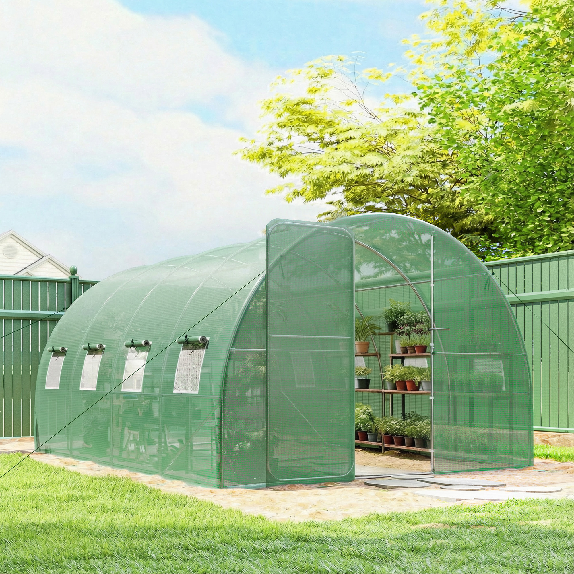 Serre tunnel de jardin - 12m², 295x400x200cm - porte et 8 fenêtres - bâche PE haute densité 140 g/m² - pour extérieur - vert