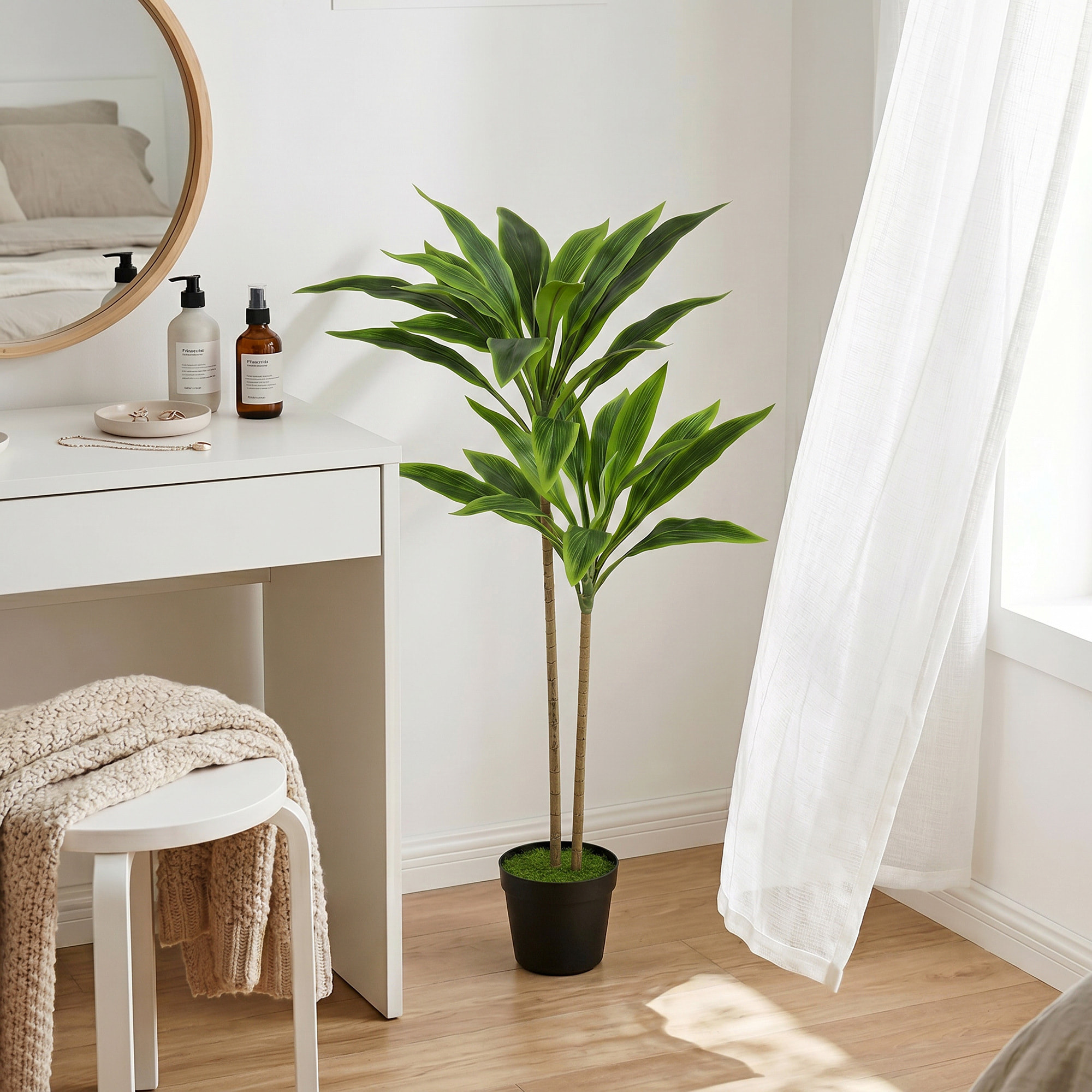 Plante artificielle cordyline H.90cm - grand réalisme - 29 feuilles - mousse effet lichen pots inclus