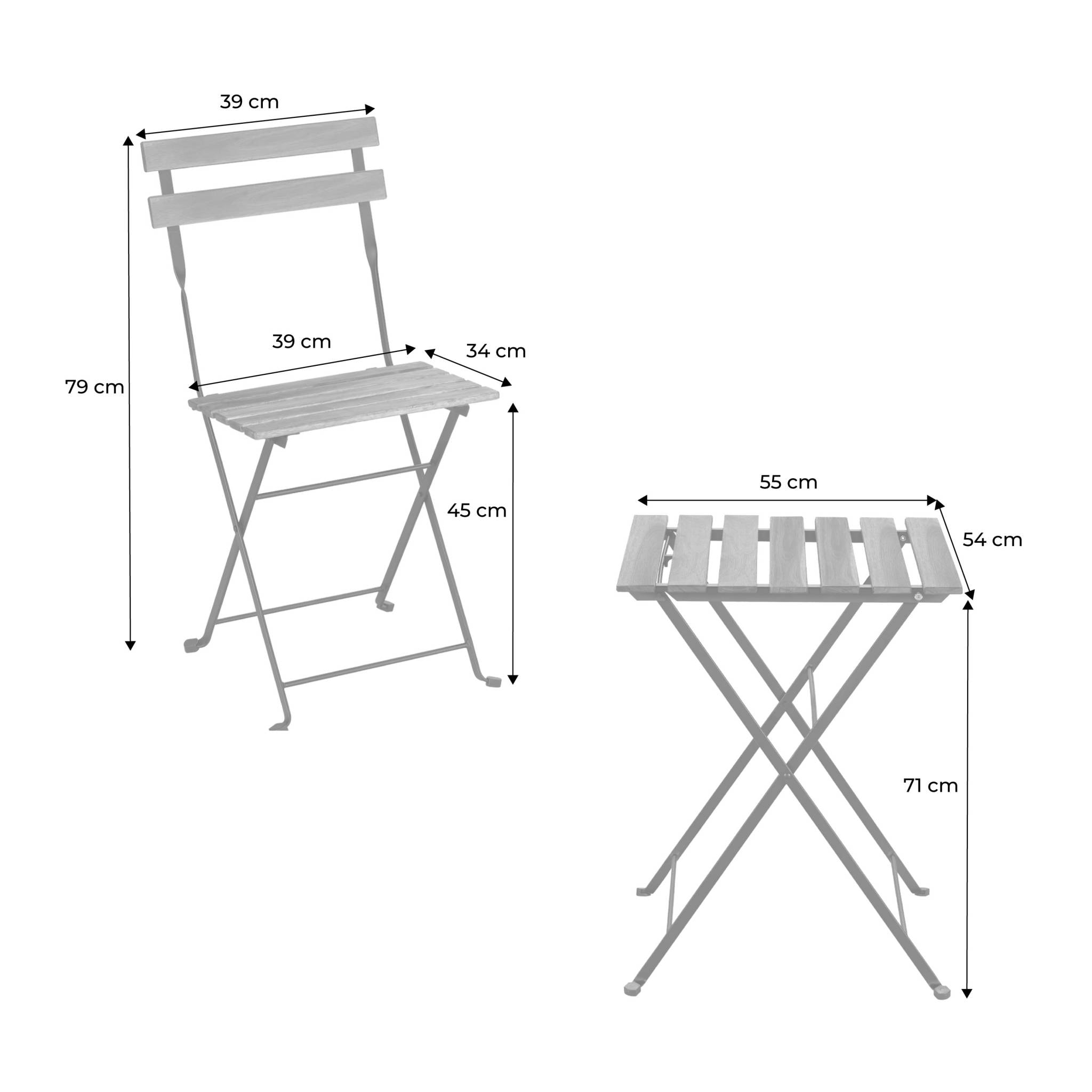 Table de bistrot pliante bois d'acacia et métal + 2 assises 55 x 54 cm