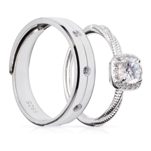 Anillos de compromiso a juego con diseño diamantes en plata de ley 925. Ajustables.