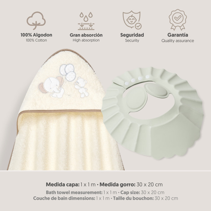 Capa Baño 1X1 Mod Oso Elefante Globos+Gorro Beig