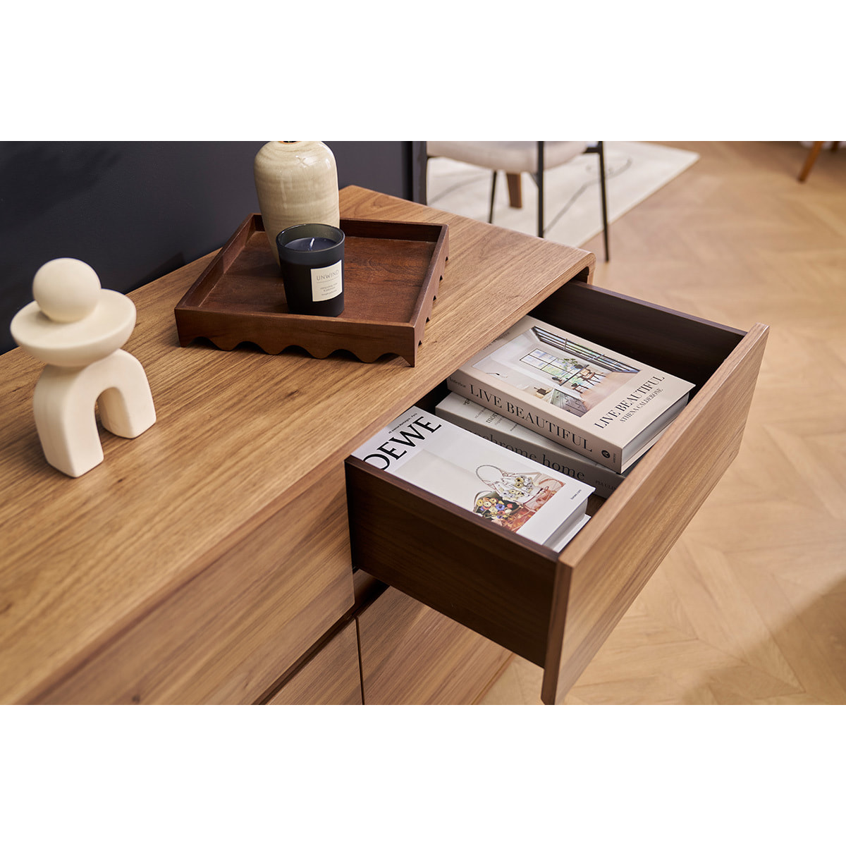 Buffet design en bois foncé noyer 3 portes 3 tiroirs L160 cm JAKO
