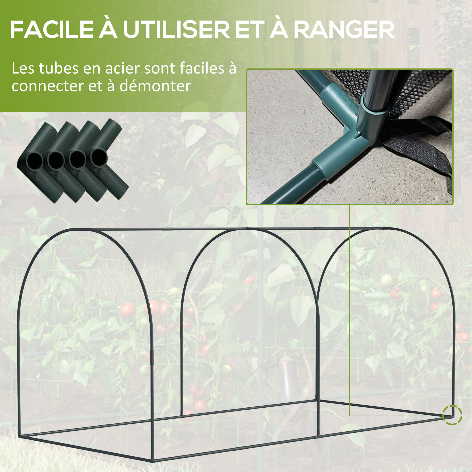 Serre tunnel de jardin serre à tomates filet protection solaire 2 portes zippées enroulables acier HDPE vert